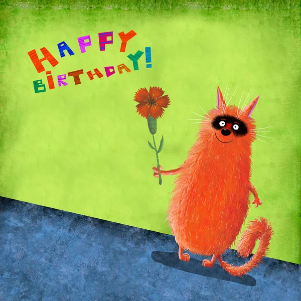 Cartão de aniversário Red Cat com bico preto segurando flor — Fotografia de Stock