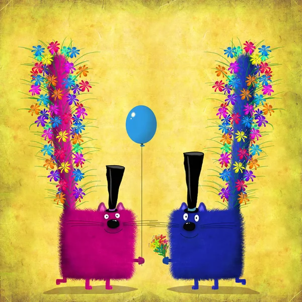 Rosa och blå katter med höga hattar och blommor i svansar — Stockfoto