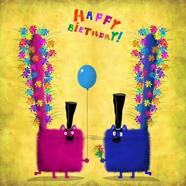 Birthday Card Cats WithTop Hats And Flowers InTails — Stock Photo, Image