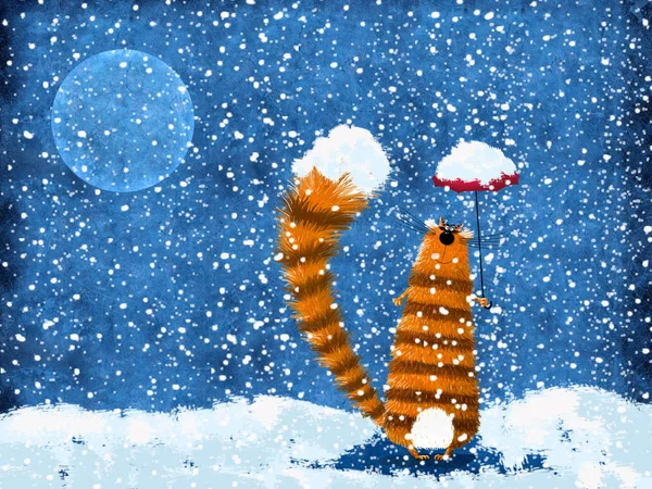 Gato rojo de pie en la nieve celebración paraguas — Foto de Stock