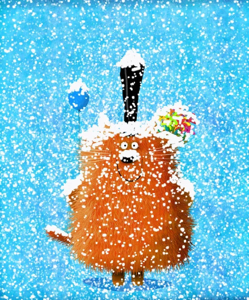 Gato con sombrero superior sosteniendo globo y flores en nieve — Foto de Stock