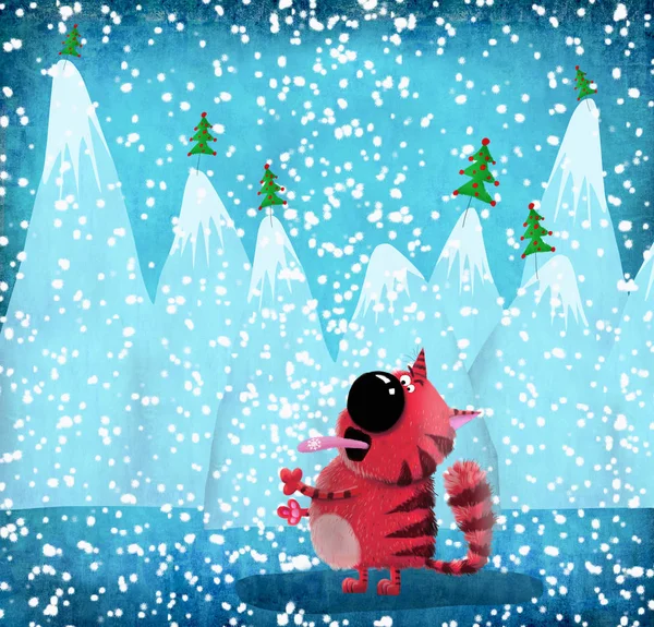 Czerwony kot połowu płatki śniegu z języka — Zdjęcie stockowe