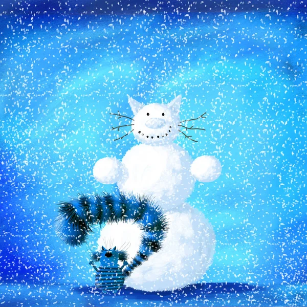 Gato en nieve al lado de enorme snowcat — Foto de Stock
