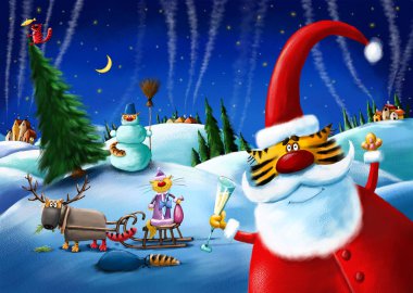 Kedi Santa Noel ağaçları ile kış peyzaj  