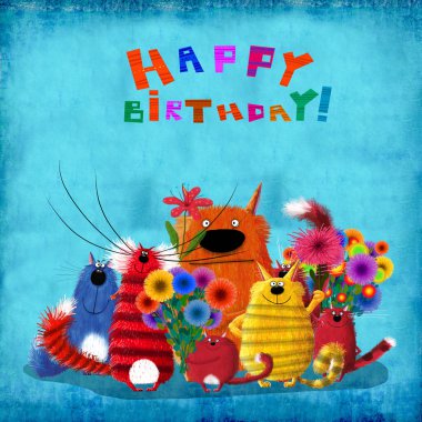 Doğum günü kartı bazı renkli Holding çiçek kediler 