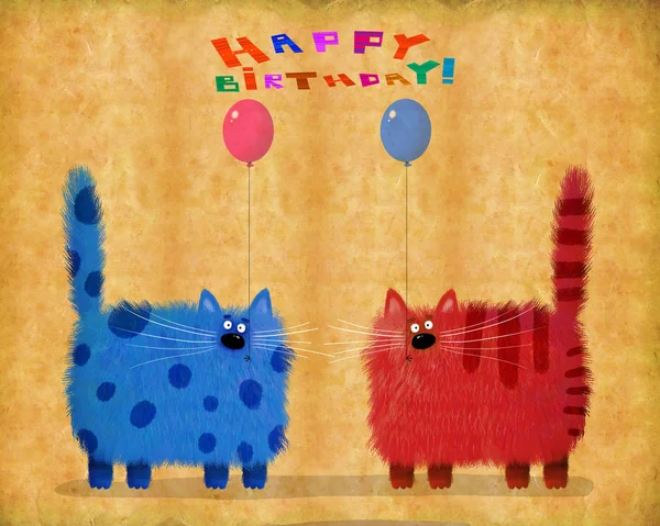 Cartão de aniversário Gatos segurando balões em fundo marrom — Fotografia de Stock