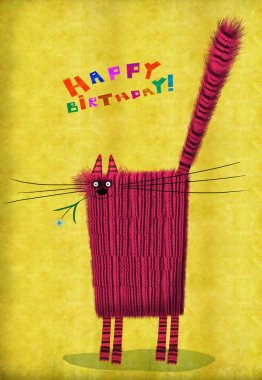 Doğum günü kartı Meydanı kedi ağzına çiçekli 