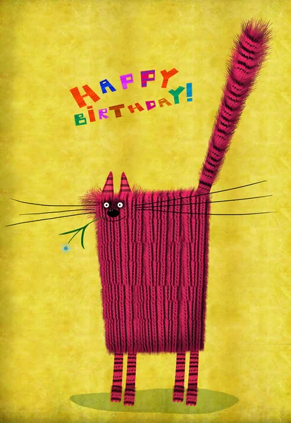 Gato quadrado do cartão de aniversário com flor na boca — Fotografia de Stock