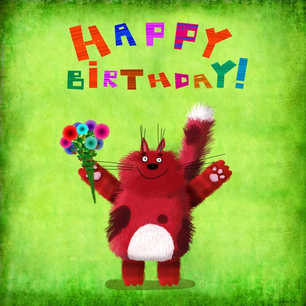 Születésnap kártya macska, virágokkal, zöld háttér — Stock Fotó