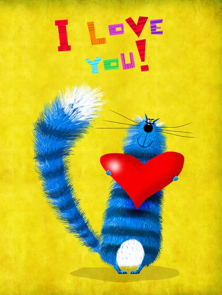 Aftelkalender voor Valentijnsdag kaart blauwe kat met groot hart — Stockfoto