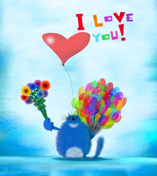 Aftelkalender voor Valentijnsdag kaart blauwe kat met bloemen ballonnen hart — Stockfoto