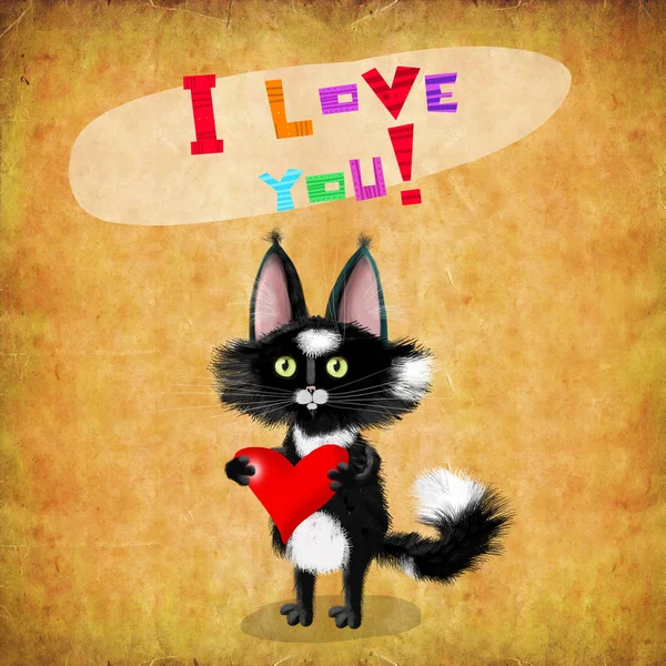 Valentijnskaart zwart katje met hart — Stockfoto