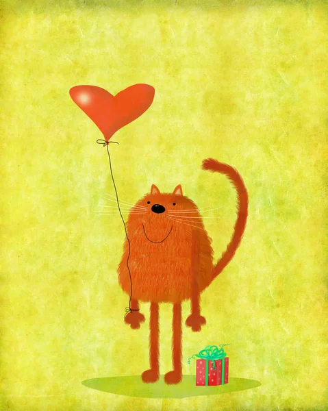 Aftelkalender voor Valentijnsdag kaart Kitten Holding ballon hart en heden — Stockfoto