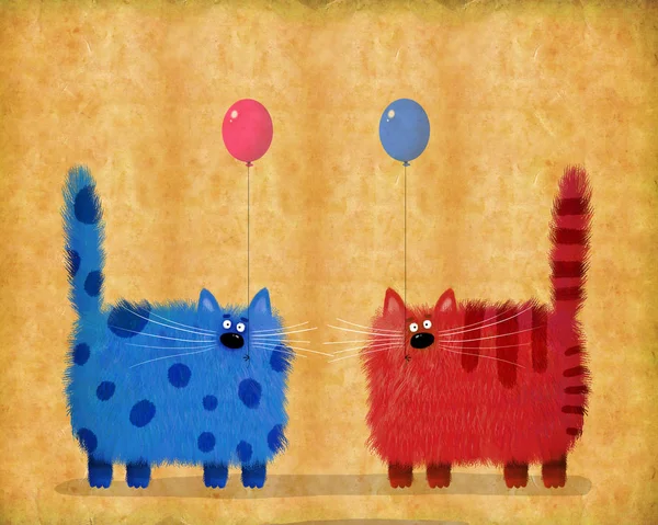 Kék és piros macskák gazdaság léggömbök a szájukat — Stock Fotó