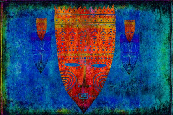 Ethnic Masks On Scratched Blue Background