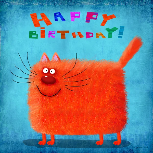 Cartão de aniversário Friendly Fluffy Cat em fundo azul — Fotografia de Stock