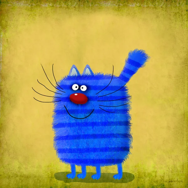 Niebieski pasiasty kot na żółtym tle — Zdjęcie stockowe