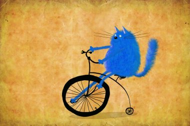 Blue Cat Riding High Wheel On Grey Background  clipart