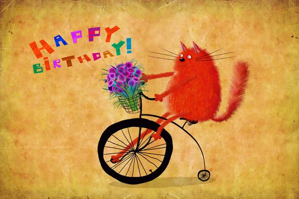 Gato de cartão de aniversário com flores montando roda alta — Fotografia de Stock