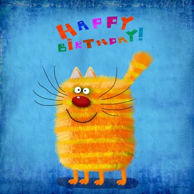 Doğum günü kartı sarı çizgili mavi arka plan üzerinde duran kedi