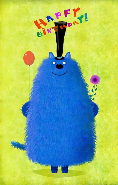 Kot niebieski karty urodziny w kapeluszu, trzymając kwiat i balon — Zdjęcie stockowe
