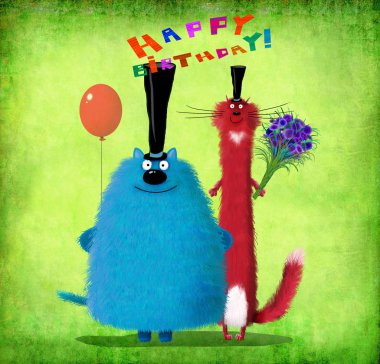 Doğum günü kartı kediler Holding balon ve çiçekler