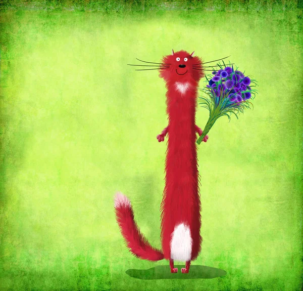 Mor çiçekler ile ayakta uzun kırmızı kedi — Stok fotoğraf