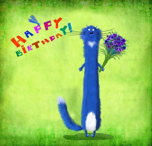 Cartão de aniversário Blue Cat Segurando Cornflowers — Fotografia de Stock
