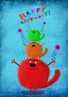 Doğum günü kartı renkli yapma akrobatik piramit kediler