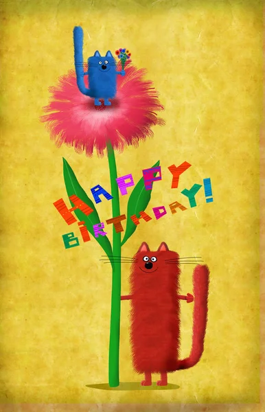 Geburtstagskartenkatze neben riesiger Blume mit sitzendem Kätzchen — Stockfoto