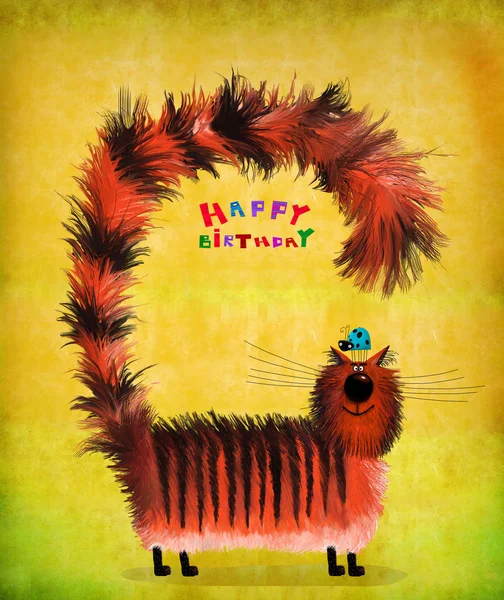 Cartão de aniversário listrado felino fofo com joaninha na cabeça — Fotografia de Stock