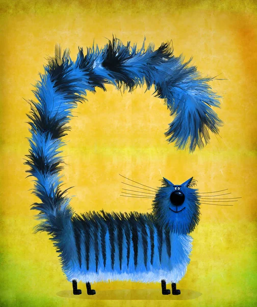 Blå fluffig katt med uppblåst med svans — Stockfoto