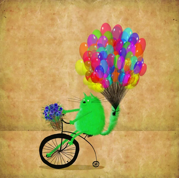 Grüne Katze mit bunten Luftballons und Blumen auf dem Hochrad — Stockfoto