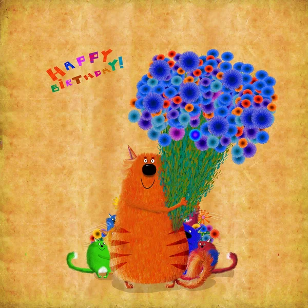 Birhtday Card Cat com flores e gatinhos nas costas — Fotografia de Stock