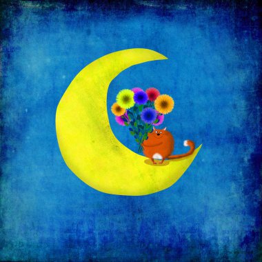 Red Cat Sitting On Moon On Night Background clipart