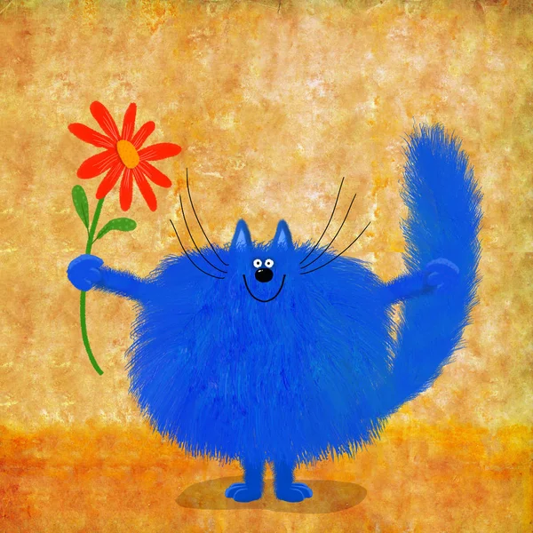 Big Blue Cat Holding Red Camomile — Stock Photo, Image