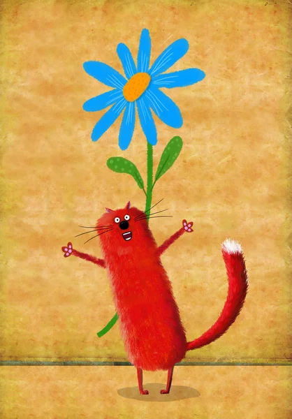 Red Standing Cat With Camomile Behind Back — Stock Photo, Image