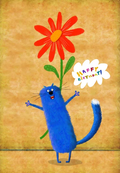 Kot niebieski karty urodziny z otwartymi ramionami, trzymając kwiat — Zdjęcie stockowe