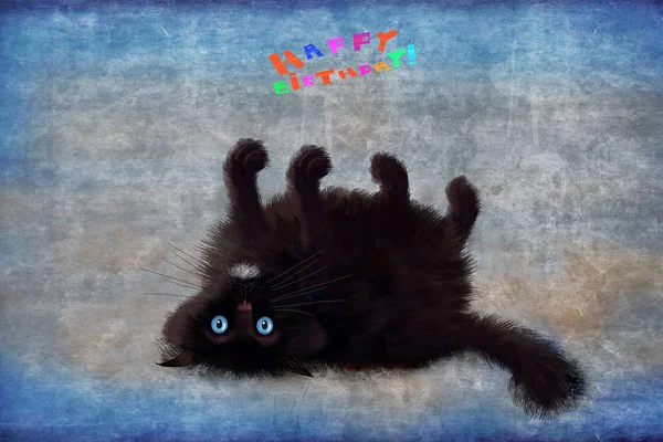 生日卡片躺在其背在蓝色背景上的黑猫 — 图库照片