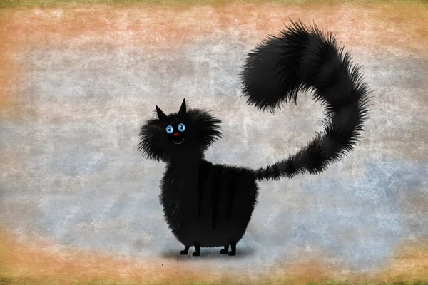 Black Fluffy Cat Standing On Brown Background — Stock Photo, Image