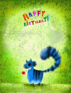 Doğum günü kartı kabarık kedi çiçek ağzına tutarak