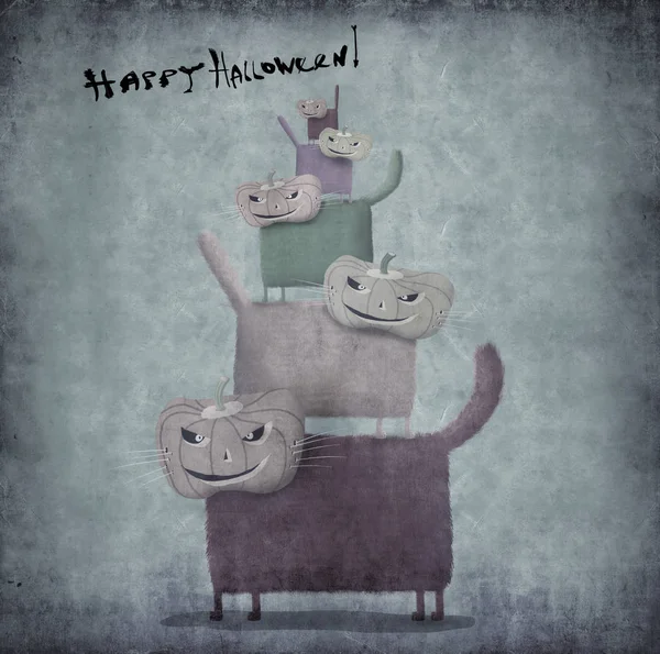 Pirâmide de cartão de Halloween de gatos com Jack O Lanterna em cabeças — Fotografia de Stock