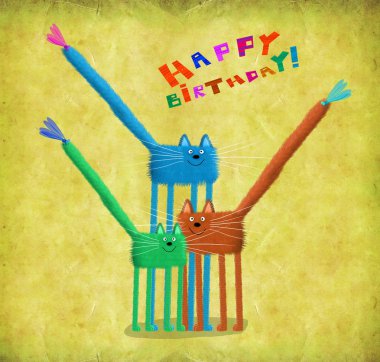 Doğum günü kartı renkli kedilerle üzerinde yusufçuk kuyrukları üzerinde