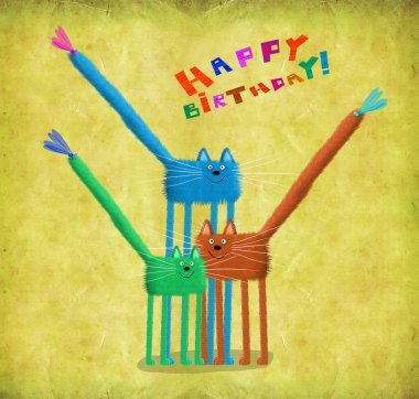 Doğum günü kartı renkli kedilerle üzerinde yusufçuk kuyrukları üzerinde