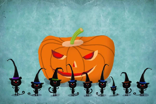 Gatinhos de Halloween em chapéus de bruxa em pé antes enorme abóbora — Fotografia de Stock