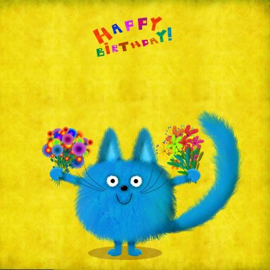 Doğum günü kartı çiçekli mavi tombul kedi