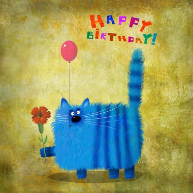 Doğum günü kartı çizgili tombul kedi çiçek ve balon ile