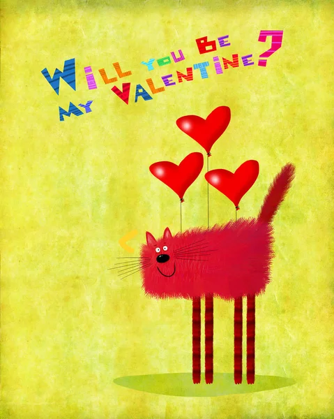 Valentijnsdag kat vliegen met reus hart ballonnen — Stockfoto