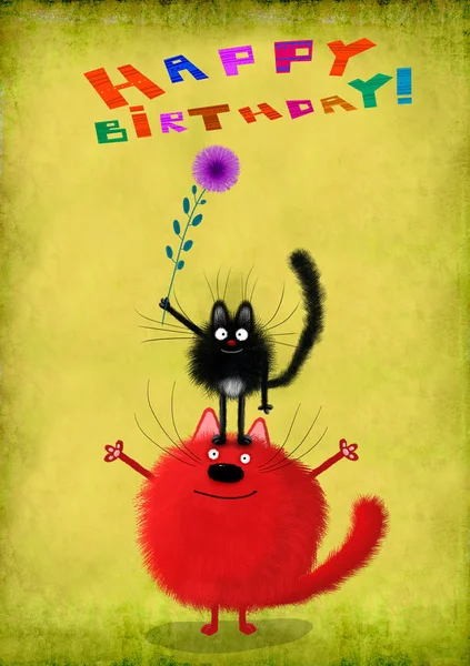 Doğum günü kartı kedilerle piramit yapma çiçek