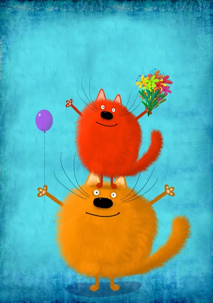 Cats With Flowers And Balloon Making Pyramid — Stock Photo, Image